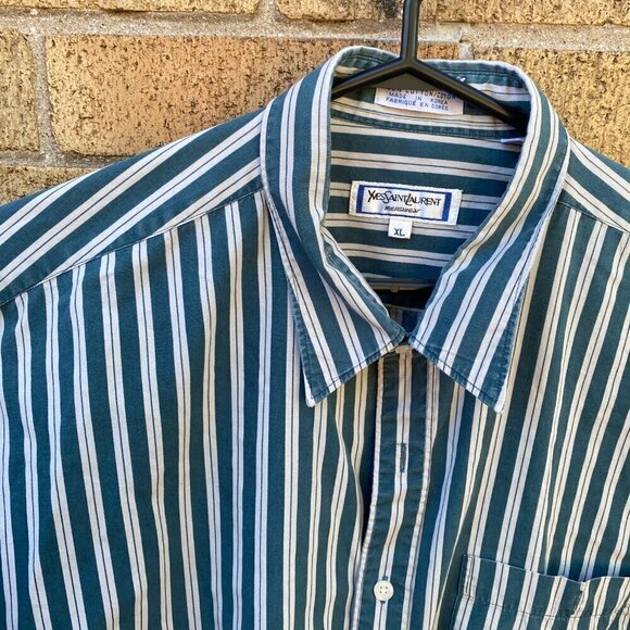 Vintage Yves Saint Laurent Striped Button Up Shirt XL White/Green - Picture 8 of 10